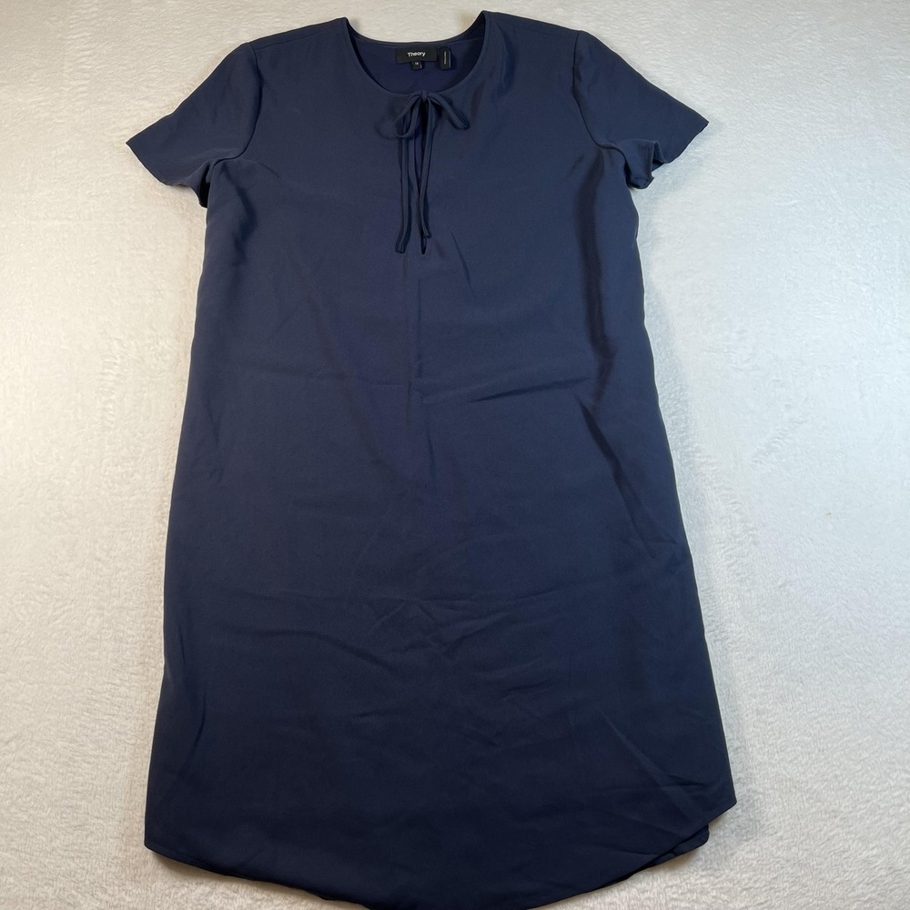 Theory Dress Womens 10 Navy Short Sleeve Tie Neck‎ Bow Shift Lined Crepe Office